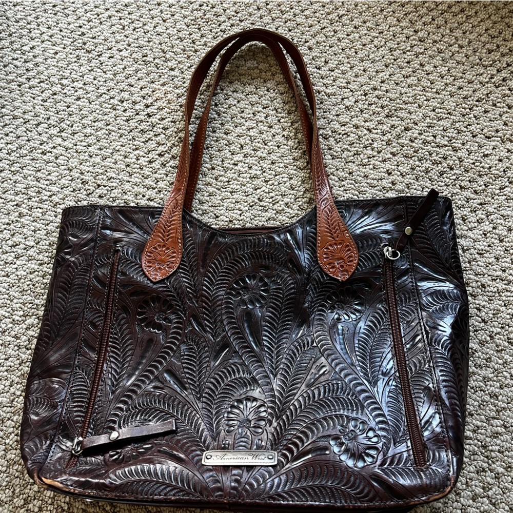American West Hand-Tooled Floral Leather Tote in Dark Brown and Tan - Picture 2 of 4